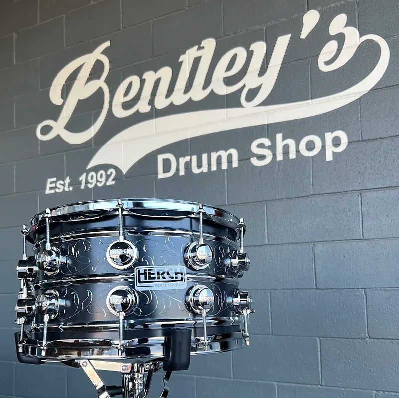 Herch Percussion Banda 8x14" Hand Engraved Black Steel Snare Drum w/ Free Case